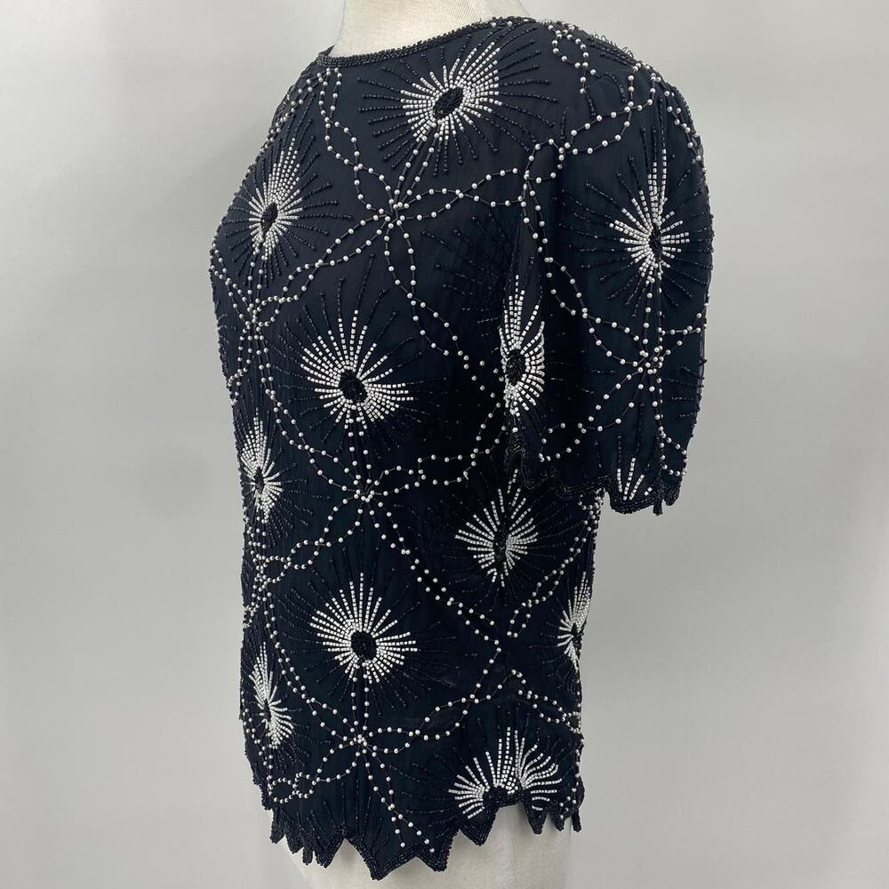 Vintage Scala Pure Silk Beaded Pearl Top Short Sleeve Black White Womens size XL - Picture 4 of 13